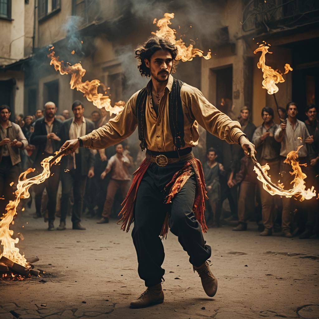 Dynamic Gypsy Dancer with Flaming Rods: Cinematic Film