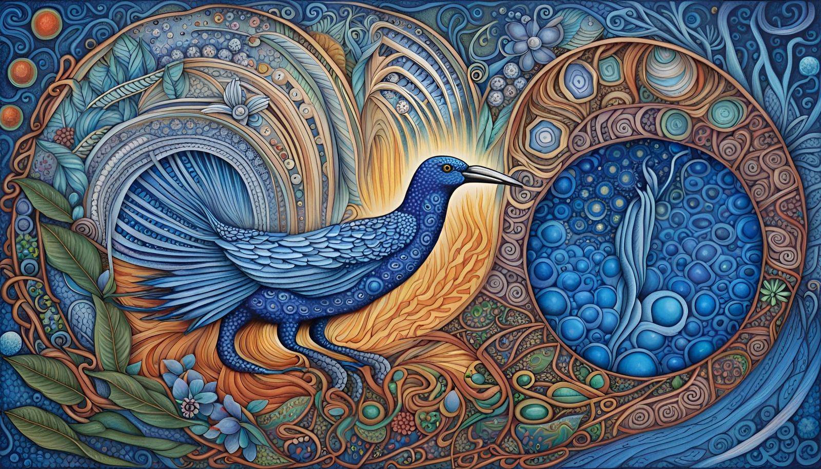 Waterfall Portal with Australian Fauna and Quantum Zentangle