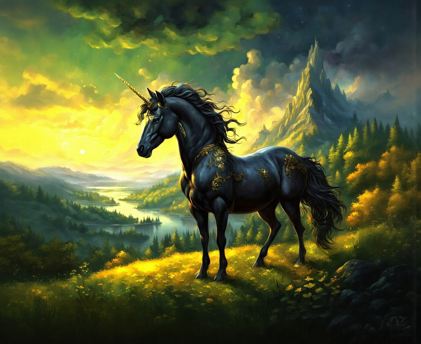 Black and Gold Unicorn Shimmers Under Moonlight