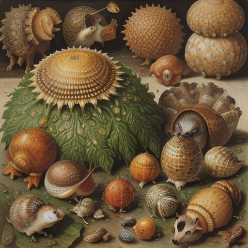 Hedgehog's Renaissance Discovery of Snails in Mixed Media