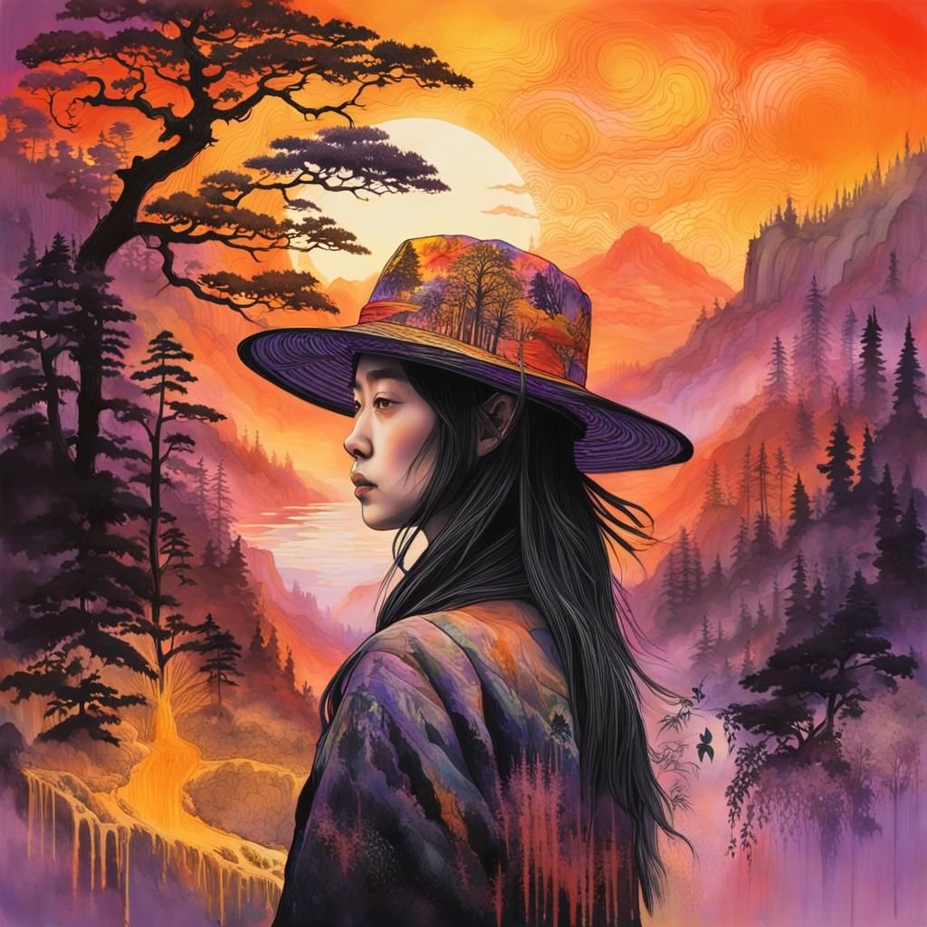 Japanese Woman with Forest Hat: Dark Fantasy Portrait