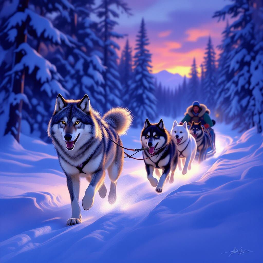 Wolf and Dog Sled Team Charging Through Snowy Forest