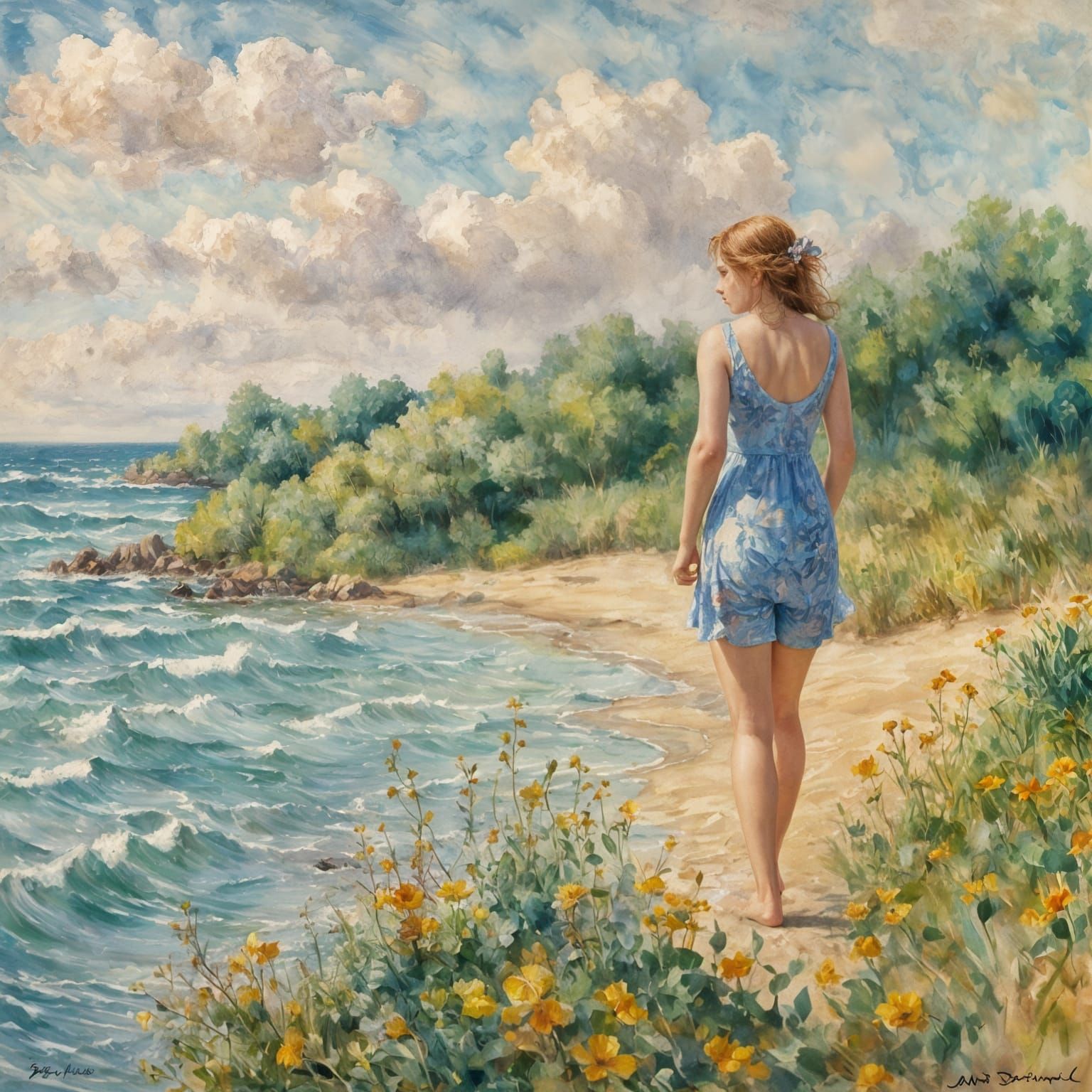 Woman in Blue Bikini: Impressionistic Ocean Scene