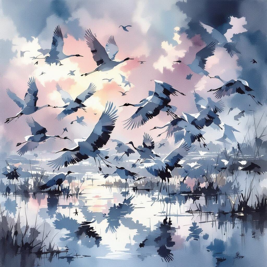 Cranes Take Flight Over Misty Marsh in Expressive Wash Style