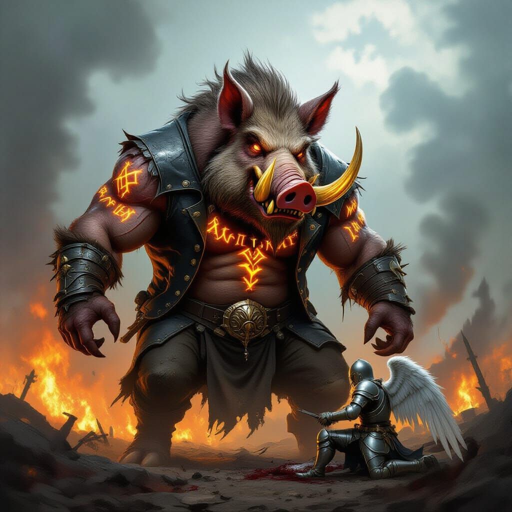 Demonic Boar Overcomes Angelic Knight on Burning Battlefield