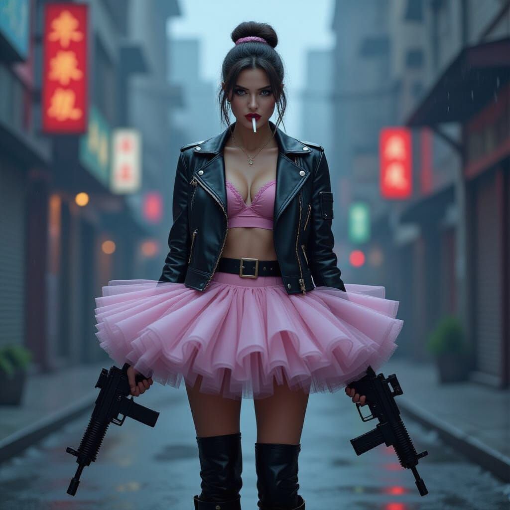 Ballerina with Machine Gun in Dystopian Cityscape