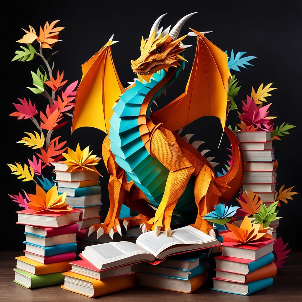 Paper Dragon Guards a Colorful Book Hoard