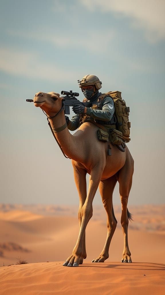 Tactical Camel-Seal Hybrid in Desert Landscape