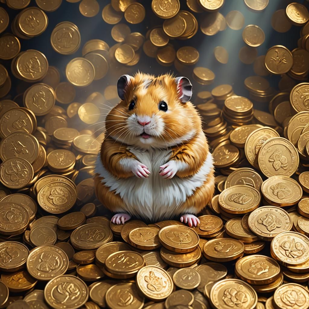 Cartoon Hamster on Gold Coins in Oil Painting Style