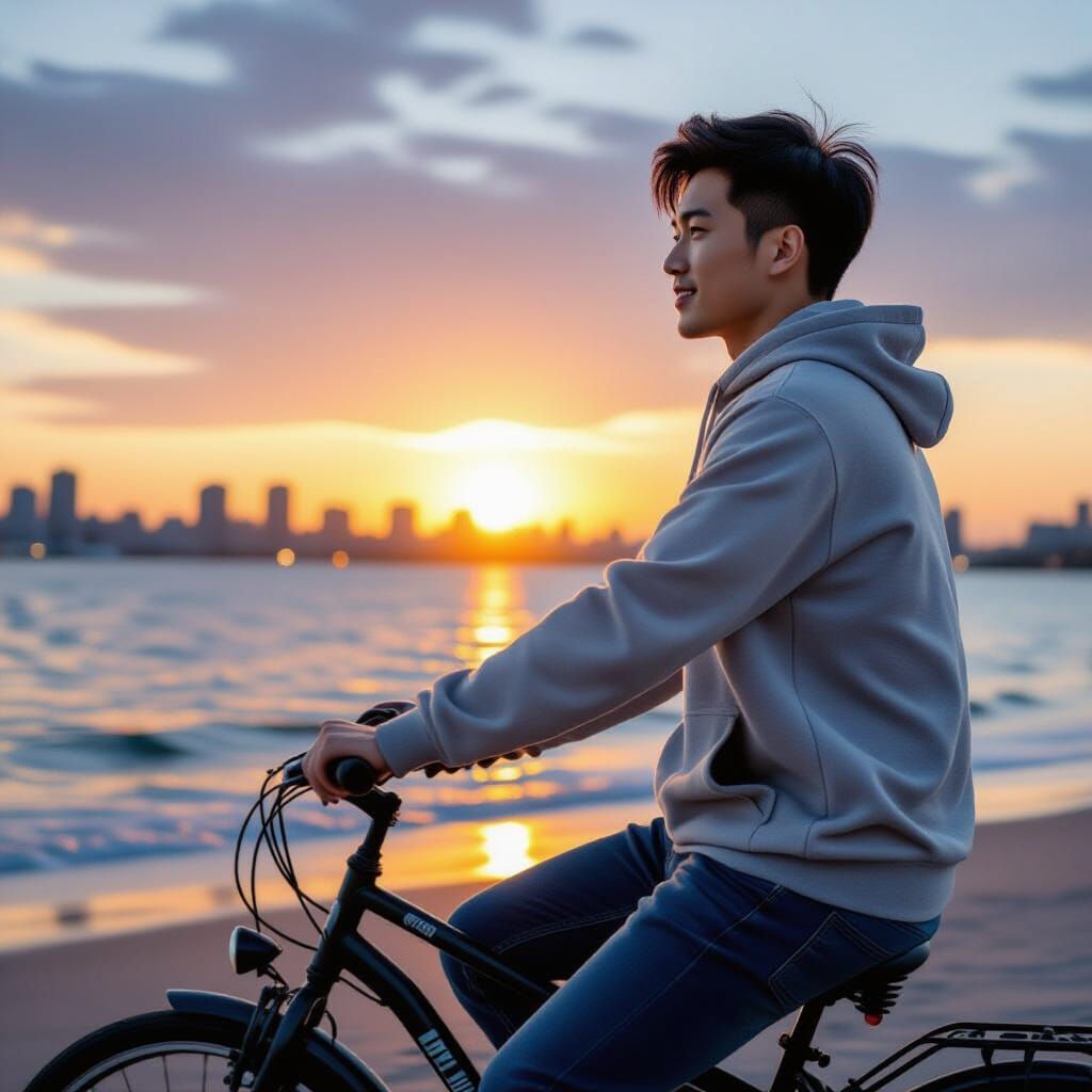 Man Cycling on Beach at Sunset, City View