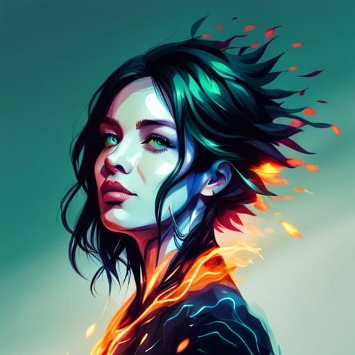 Fiery Lightning Woman in Circular Vector Art