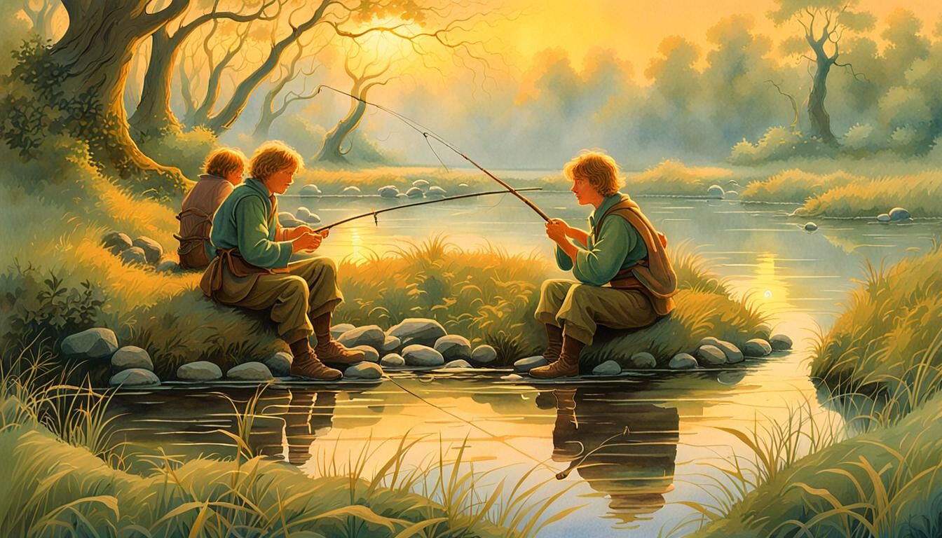 Hobbits Fishing at Sunrise: Fantasy Illustration