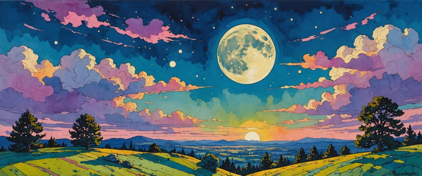 Vibrant Moon in Daytime Sky, Comic Book Watercolor Style