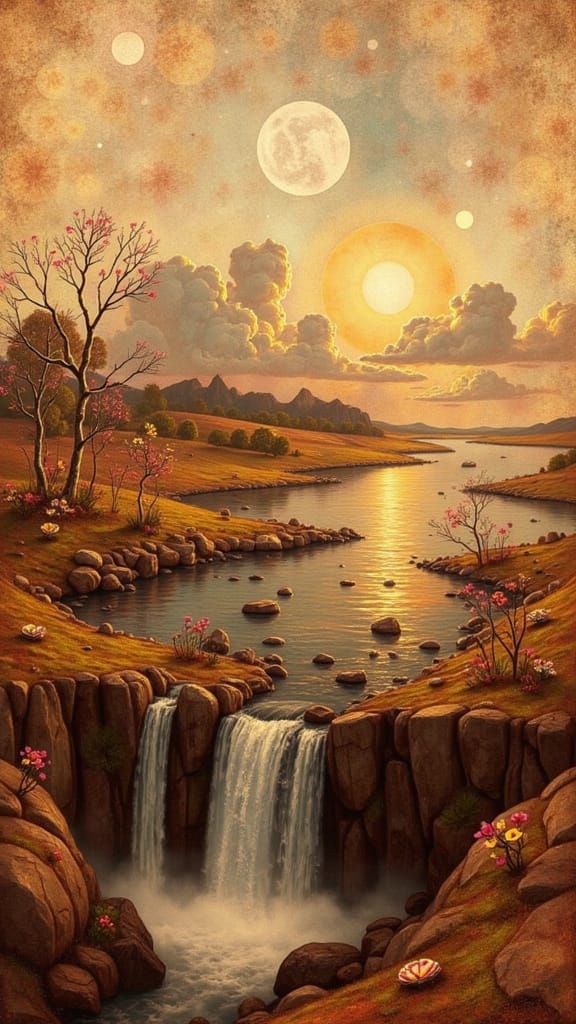 Mystical Dream Landscape with Rivers and Waterfalls