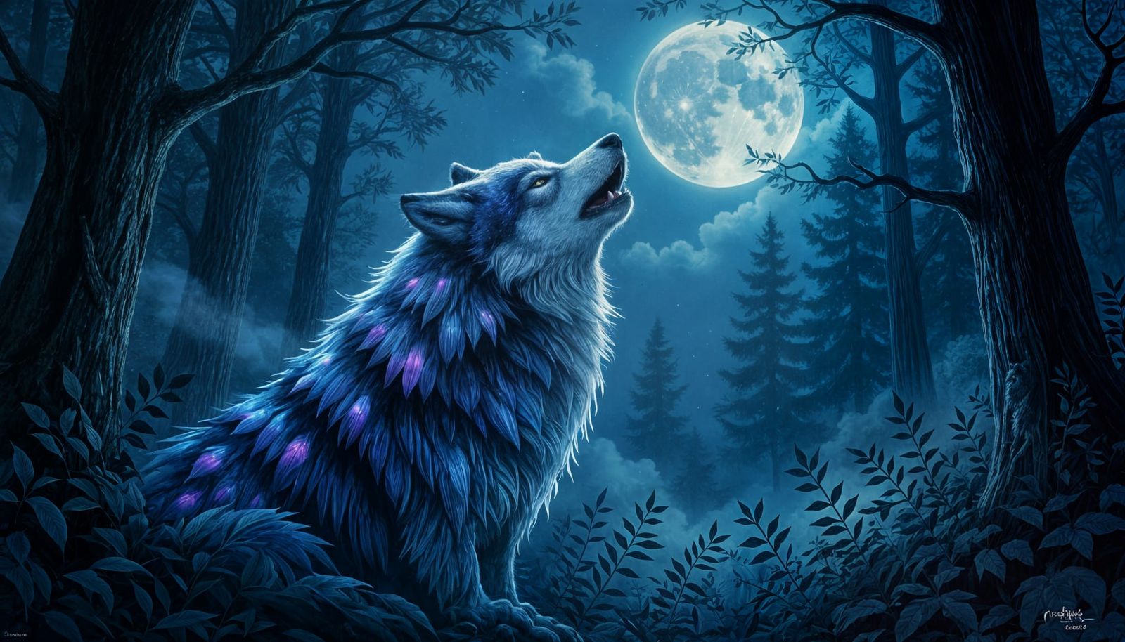 Amethyst Wolf Howling at Moon in Dark Fantasy Style