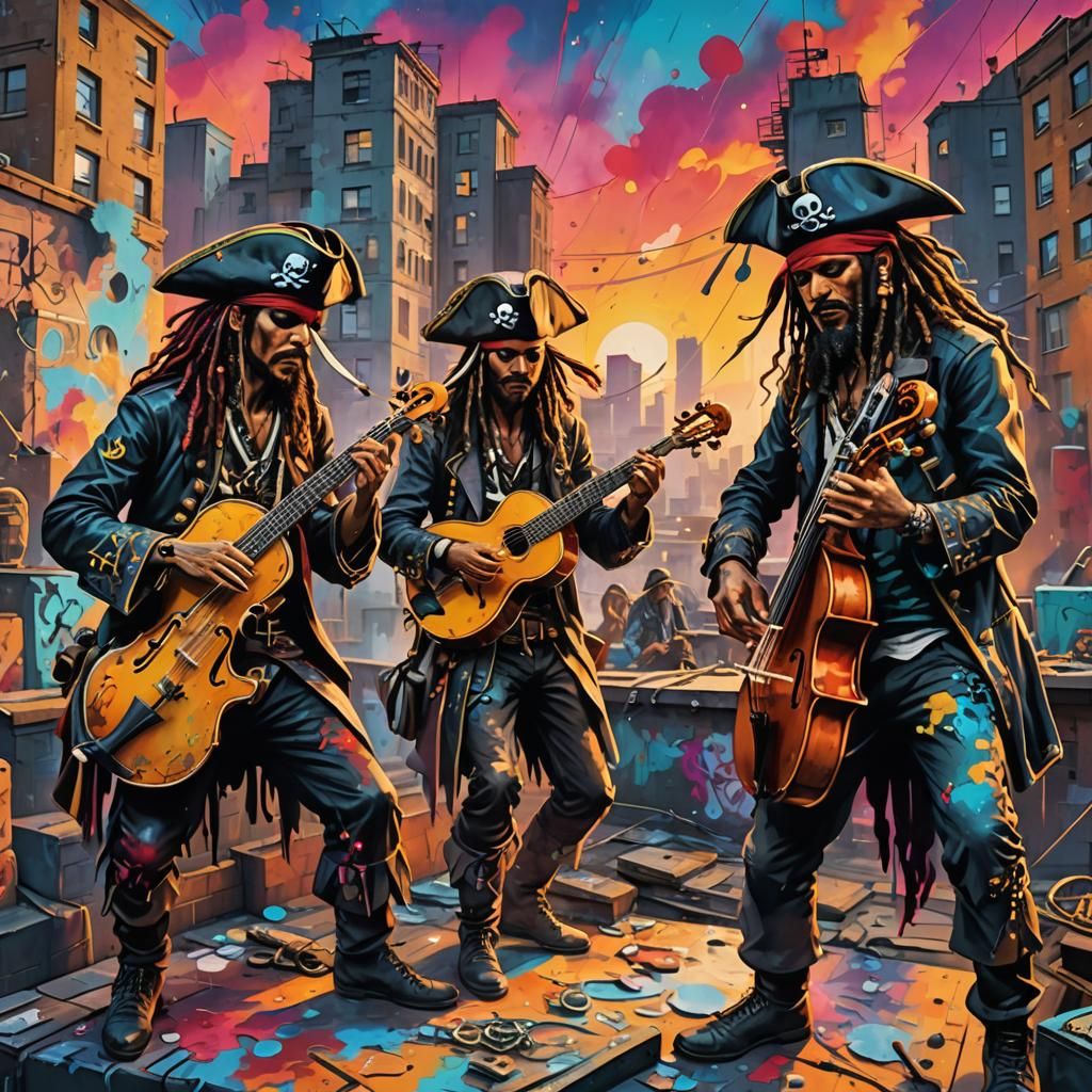 Pirate Rock Band on Rooftop in Graffiti Art