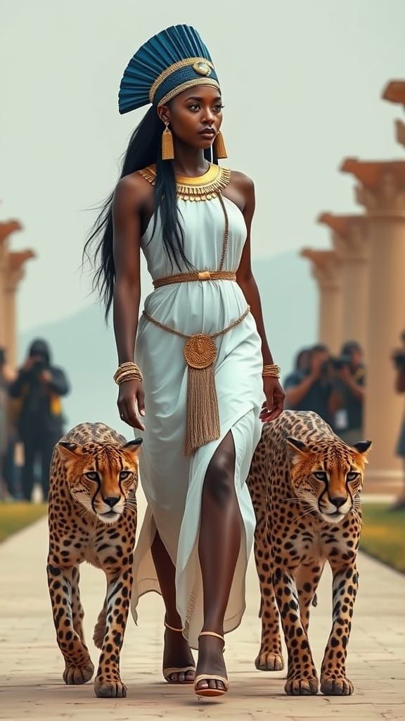 Ancient Egyptian Goddess Walks Runway with Cheetahs in Elega...