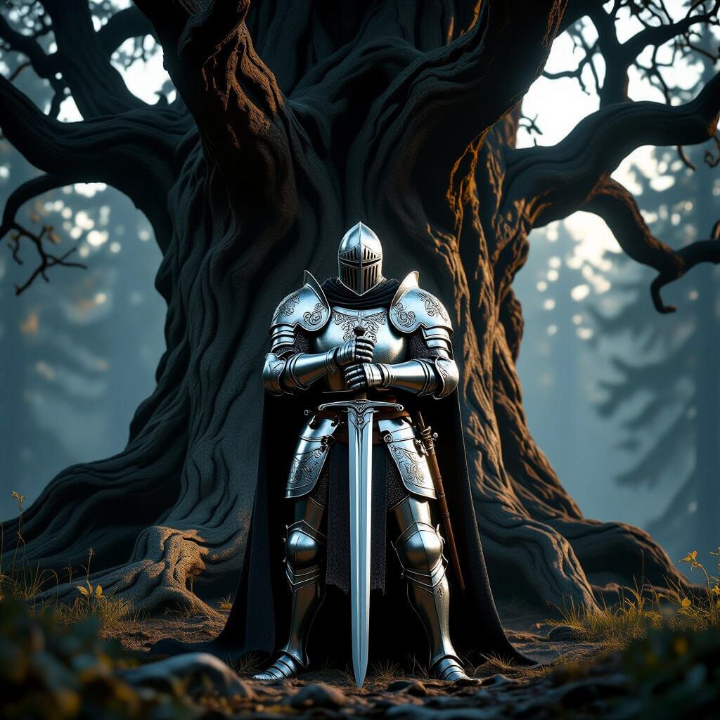 Valiant Knight Guards Ancient Tree, Dramatic Lighting