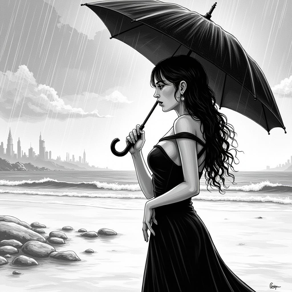 Woman with Umbrella in Rain, Berserk Manga Style