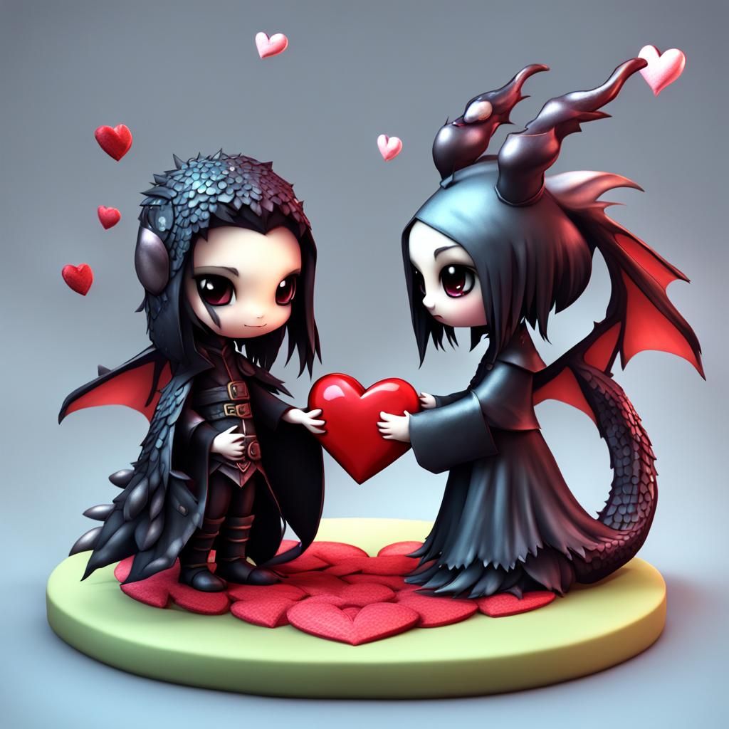 Chibi Dragon Offers Heart to Goth Fairy