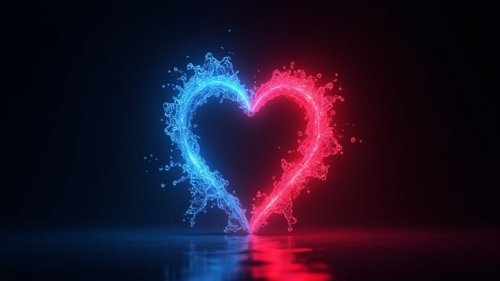 Glowing 3D Neon Heart of Water and Fire