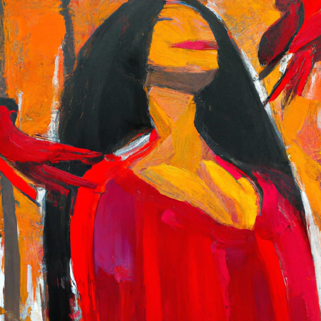 Woman in Red Cloak with Ravens: Expressionist Oil Painting