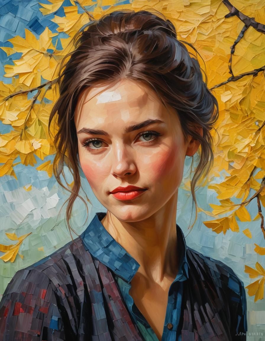 Cubistic Oil Painting of Apple Seller with Paper Collage