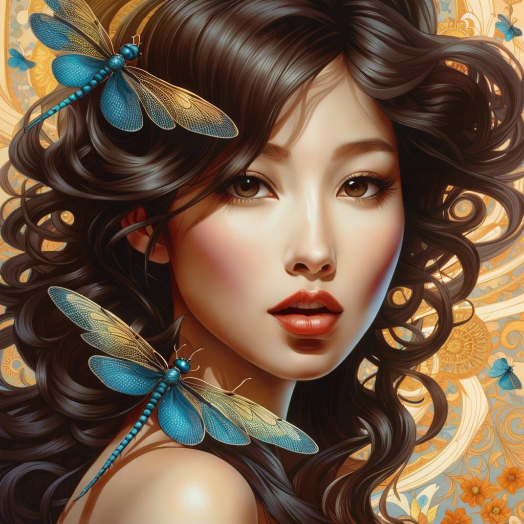 Chinese Woman with Dragonflies in Fantasy Realism