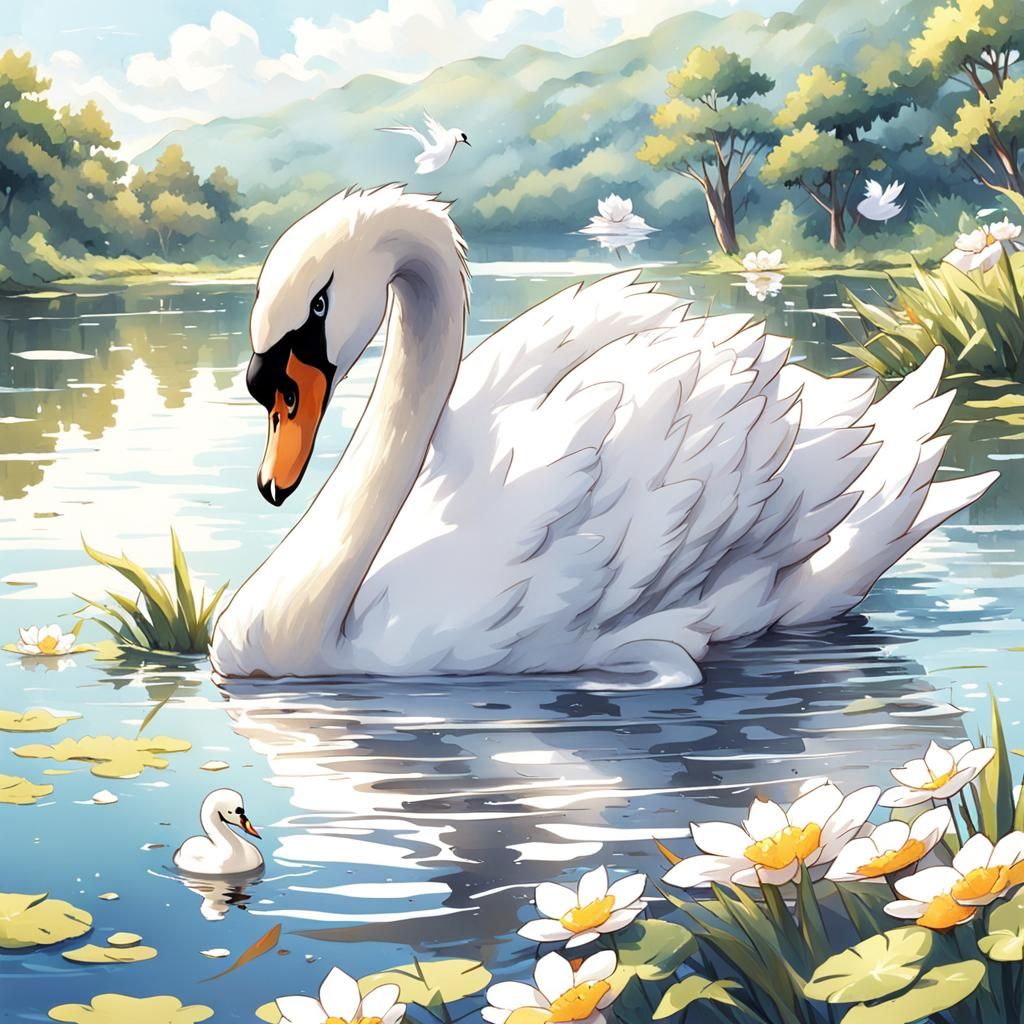 Cute Swan on Lake: Anime Style Digital Art