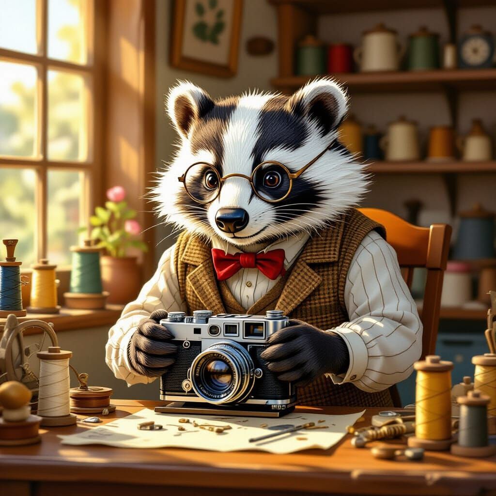 Badger Craftsman Repairs Camera in Cozy Workshop