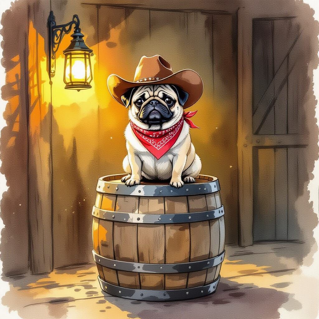 Pug Cowboy in Saloon Watercolor Art