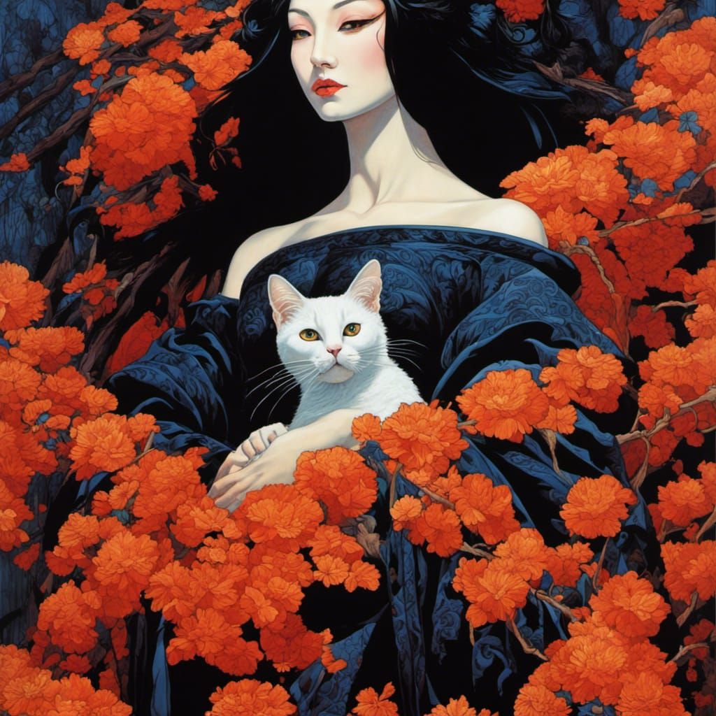 Dark Goddess with Cat: Neo-Gothic Oil Painting