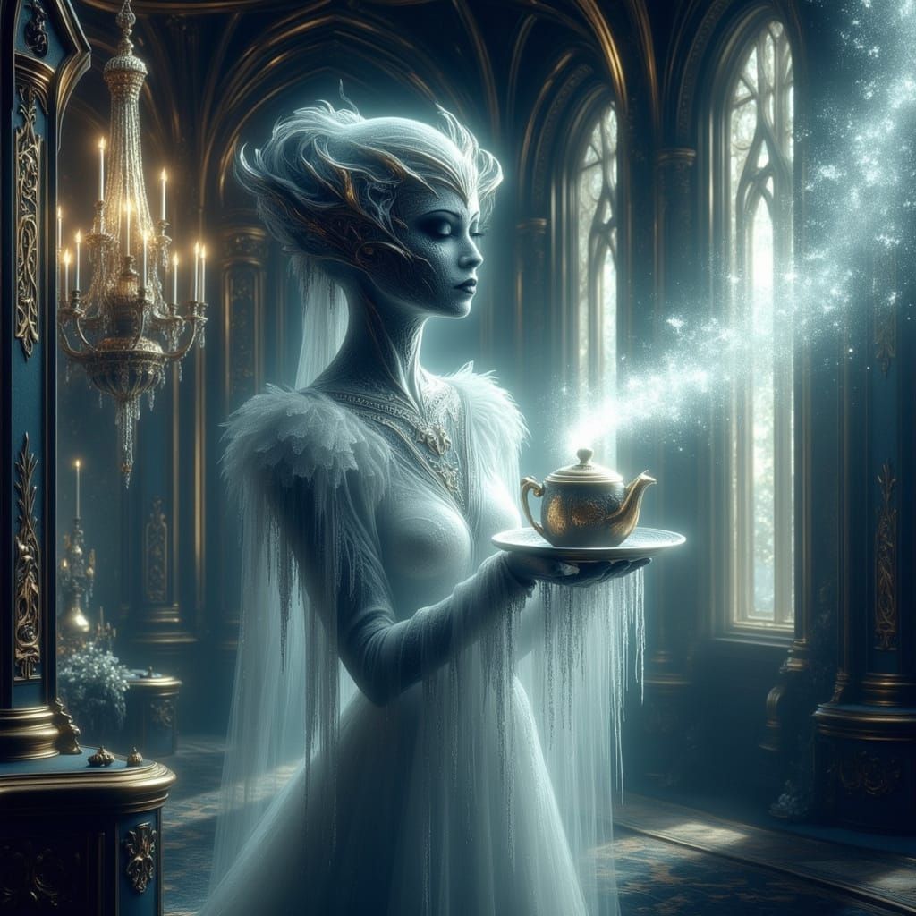 Ethereal Woman in Decaying Gothic Ballroom, Art Nouveau Styl...