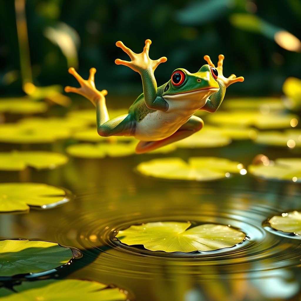 Energetic Green Tree Frog Leaping Above Lily Pond