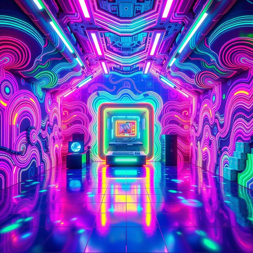 Futuristic Gaming Lair with Neon-Lit Computer and Rainbow Hu...
