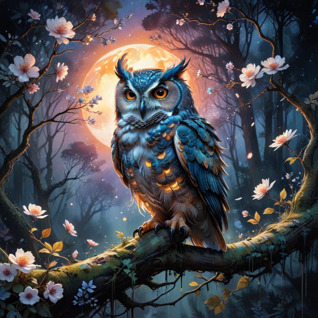 Ethereal Owl in a Dreamy Forest Scene
