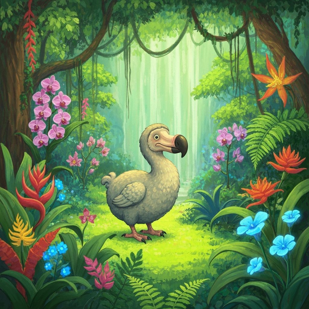 Dodo Bird in Enchanted Forest, Impressionistic Illustration