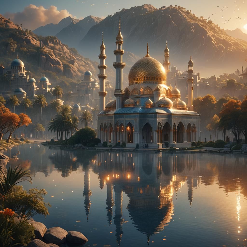 Majestic Mosque with Diamond Dome in Golden Light