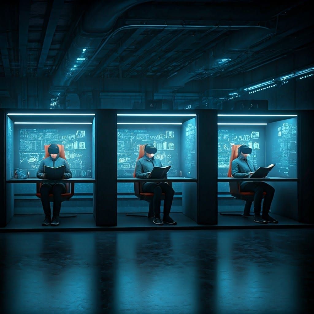 Serene Readers in Futuristic Library Cubicles