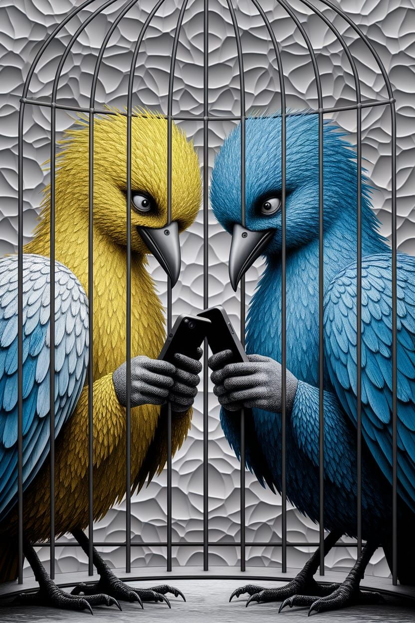 Ironic Birds in Cage: Impasto Oil Painting