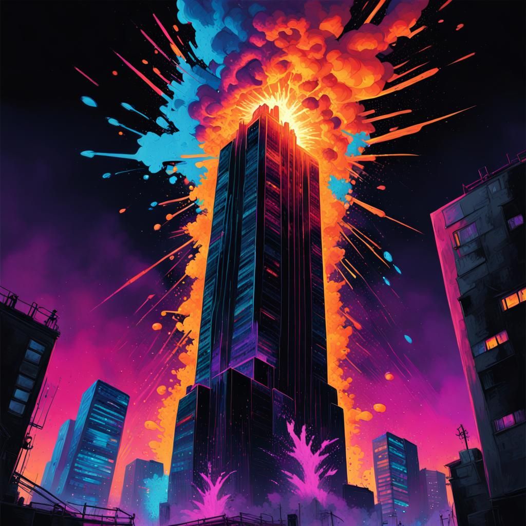 Cyberpunk City Explosion in Black Light Poster Style
