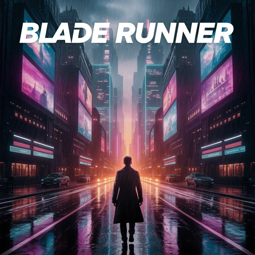 Blade Runner Poster: Cyberpunk Cityscape with Trench Coat Fi...