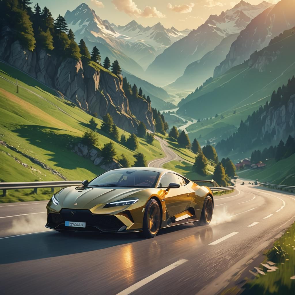 Luxury Car in Swiss Alps: Soft Focus Concept Art