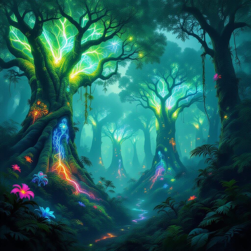 Bioluminescent Alien Rainforest: A Surreal Visionary Landsca...