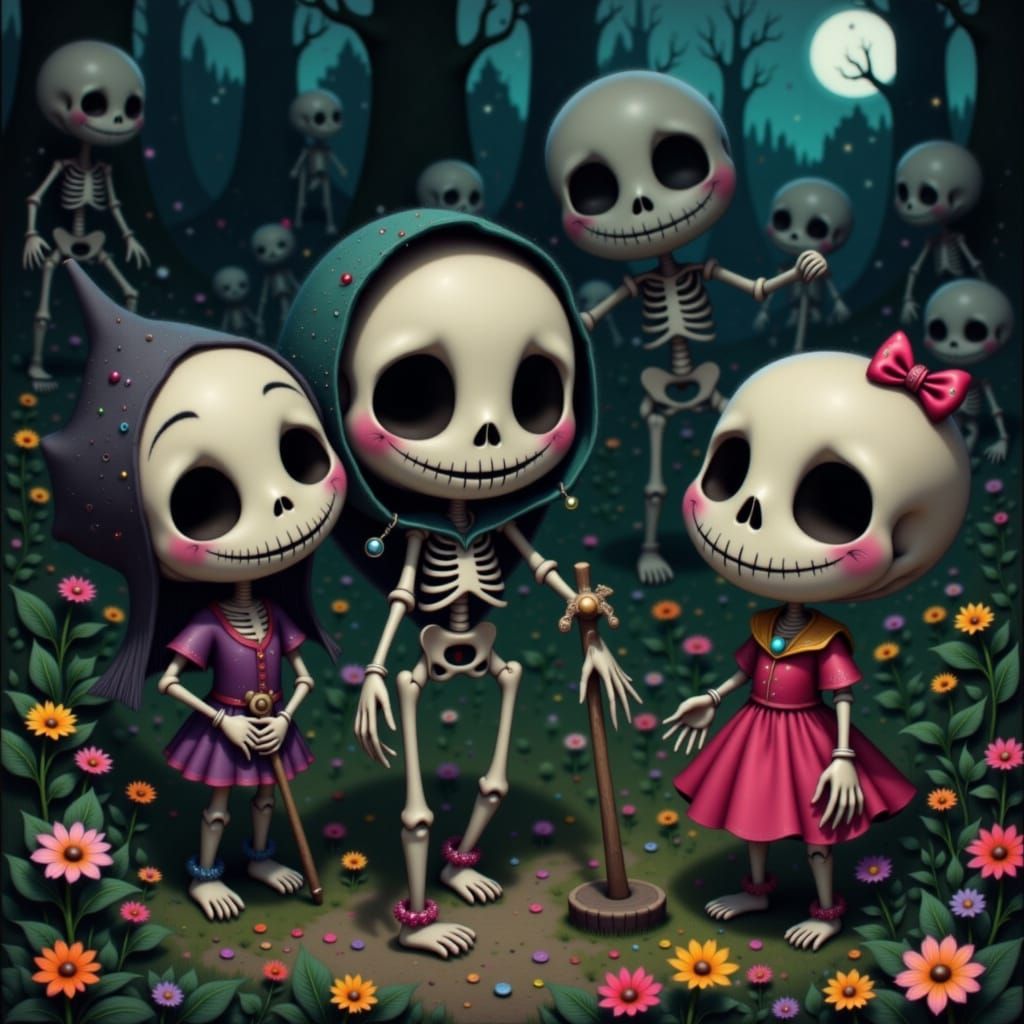 Chibi Skeletons Play in Moonflower Graveyard: CGI Style