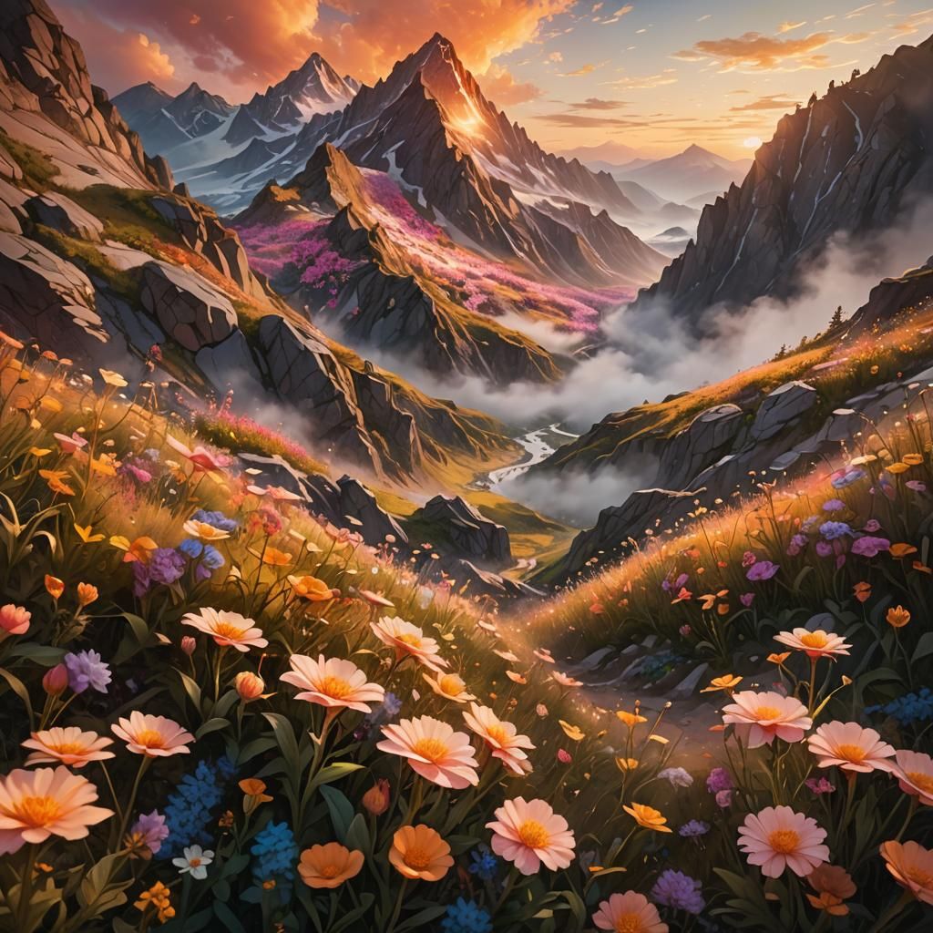Surreal Maximalist Landscape with Mountain and Flowers