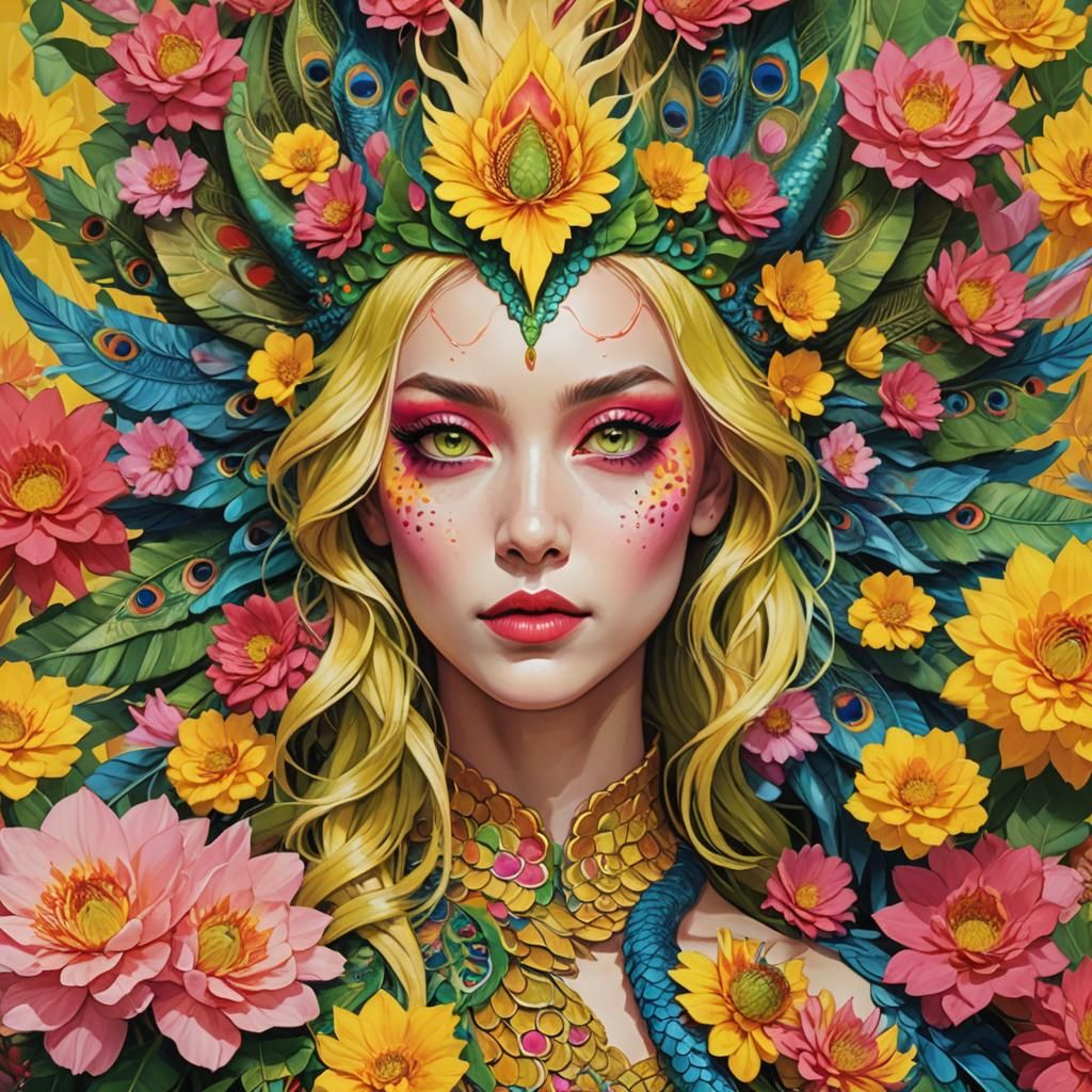 Dragon Peacock Woman in Pop Art Style