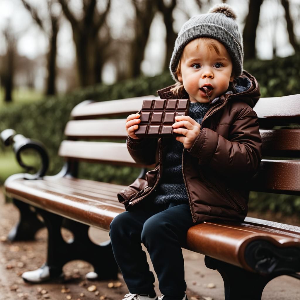 Child Enjoying Chocolate on a Bench