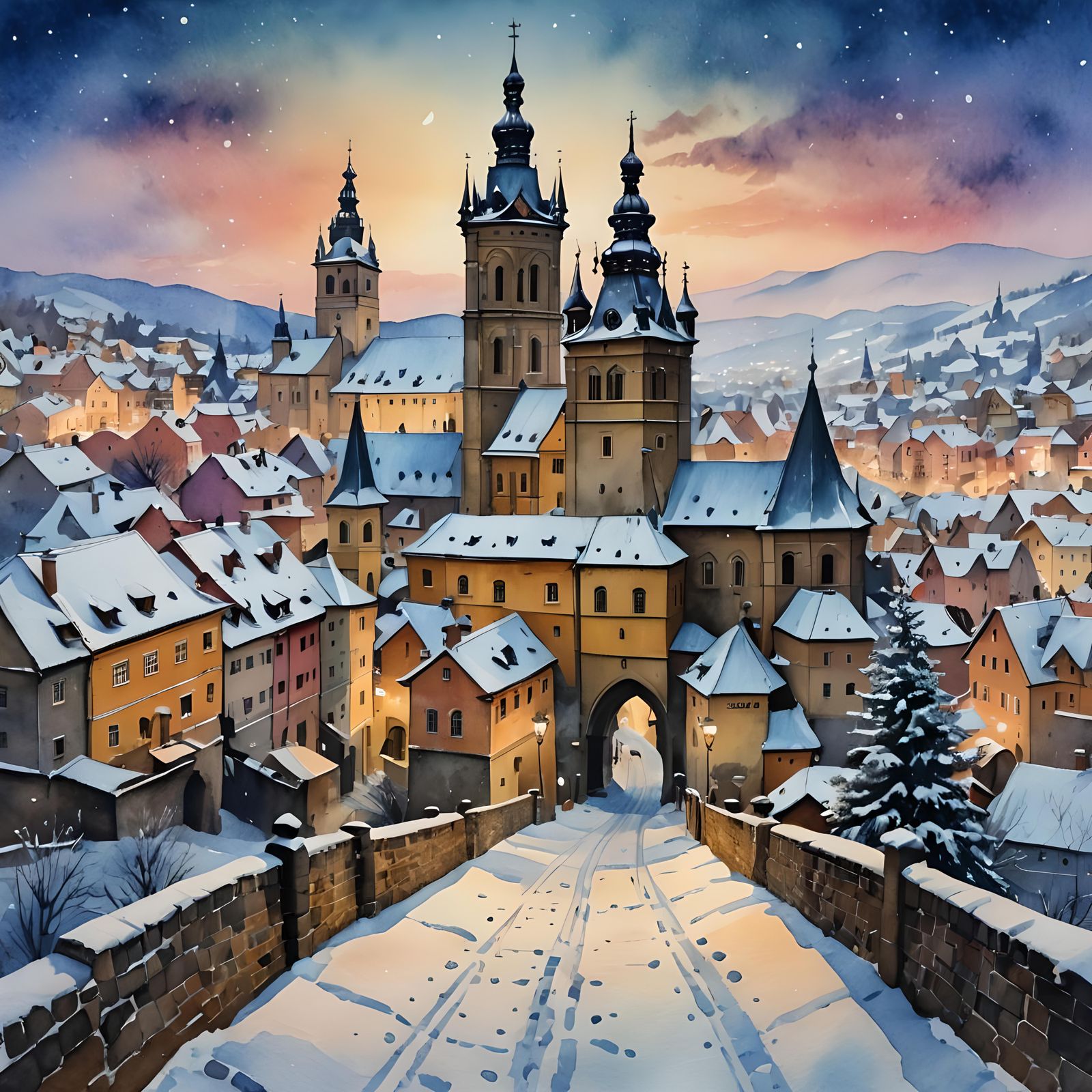 Magical Sighisoara Snowfall: Watercolor Painting