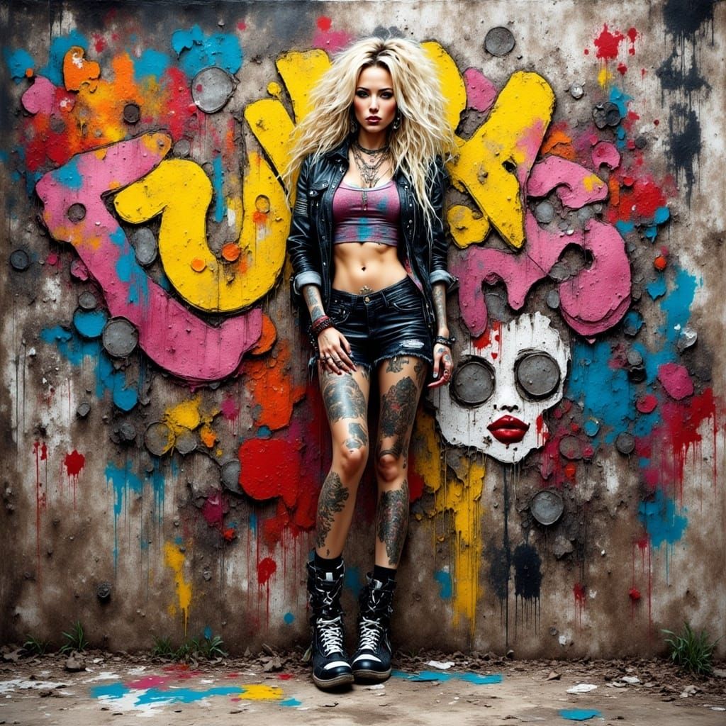 Energetic Punk Teen in Dynamic Graffiti Street Scene